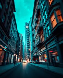 Experience a mind-bending urban landscape where buildings contort and ripple in a mesmerizing display of deep teal hues. This