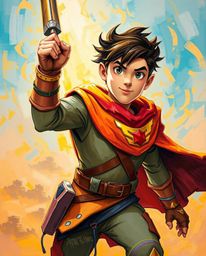 A bold and vibrant acrylic painting depicts a brave hero embarking on a Disney-style desert adventure.  The artwork features 