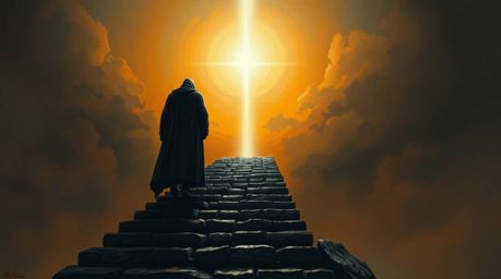 A lone figure in dark clothing ascends a stone staircase towards a divine light beam amidst a smoky sunset sky. This classic 