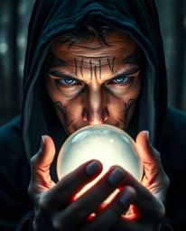 A captivating image featuring a cloaked figure with olive skin in a misty forest, holding a glowing orb. The tight close-up s