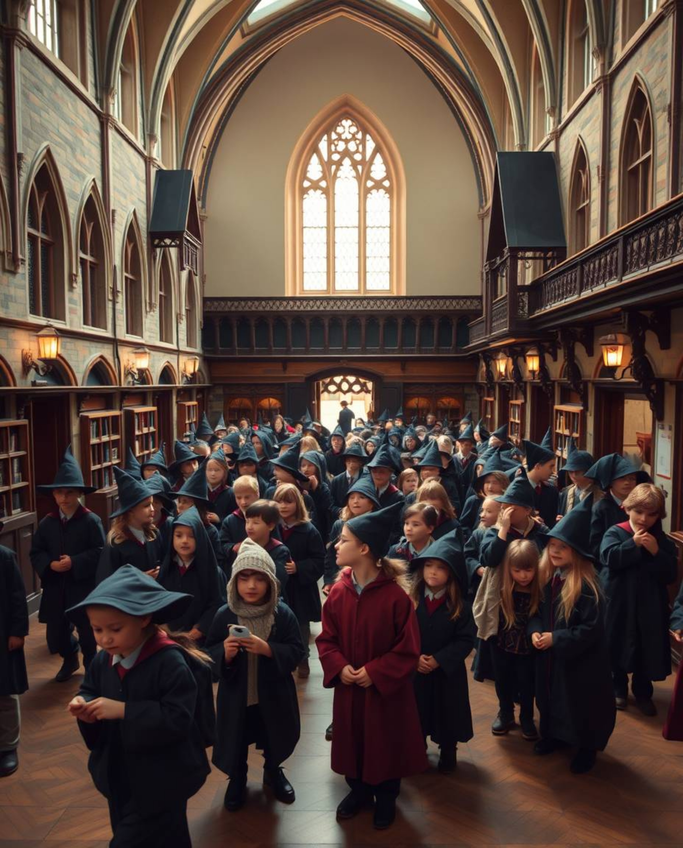 Explore a magical school brimming with young wizards, captured through the lens of gentle, soft light and precise architectur