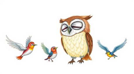 A heartwarming hand-drawn sketch in the style of Pixar depicts a gentle, blind owl with soft, feathery textures teaching a vi