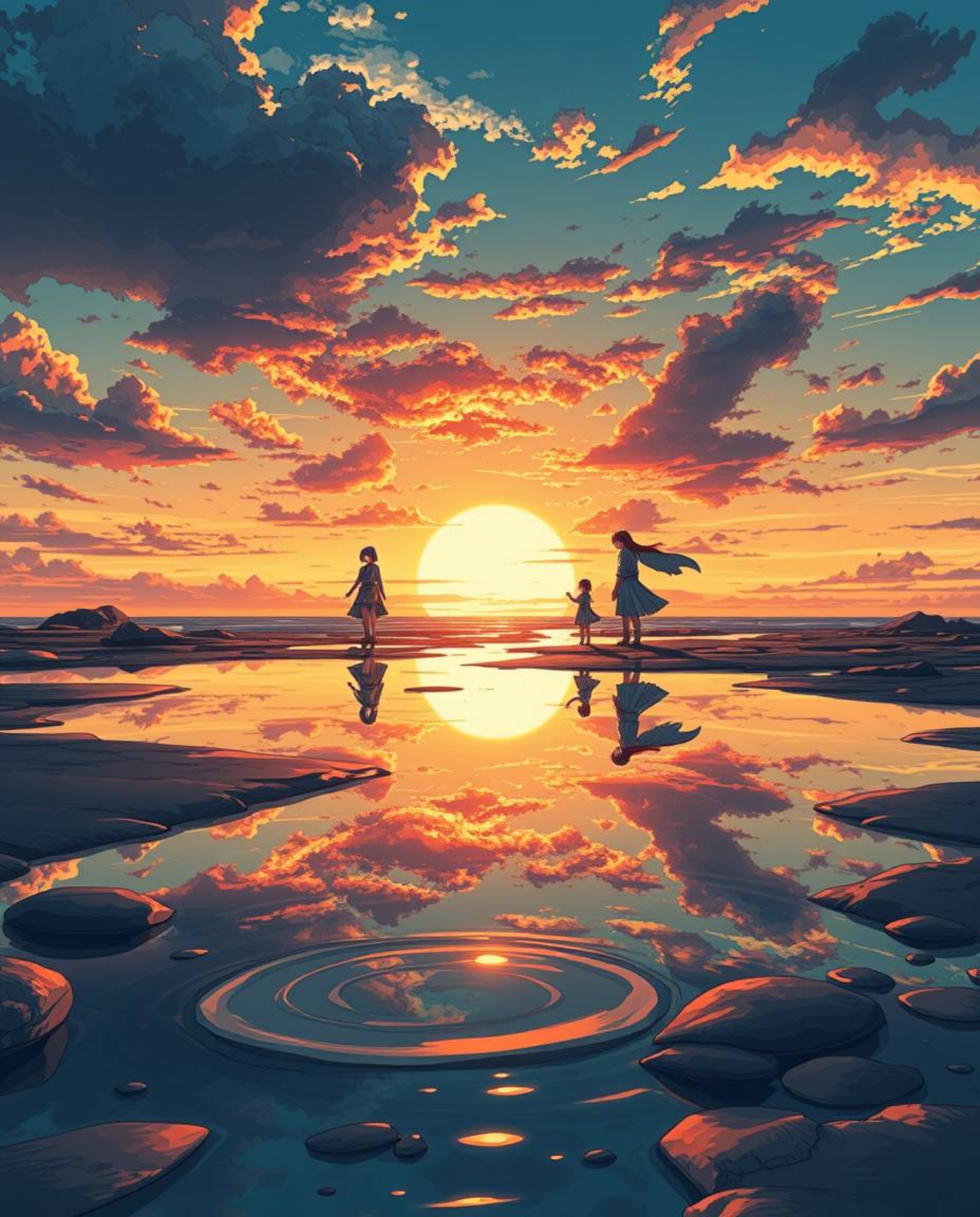 An Isekai anime-style illustration captures a stunning sunset sky as it is mirrored in the tidal pools on a beach. The artwor