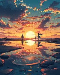 An Isekai anime-style illustration captures a stunning sunset sky as it is mirrored in the tidal pools on a beach. The artwor