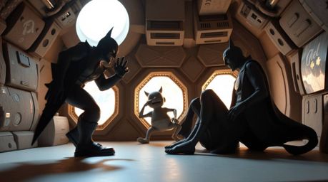 This striking sculptural clay artwork captures a comical villain's breakdown within a high-tech lair. The silhouette is metic