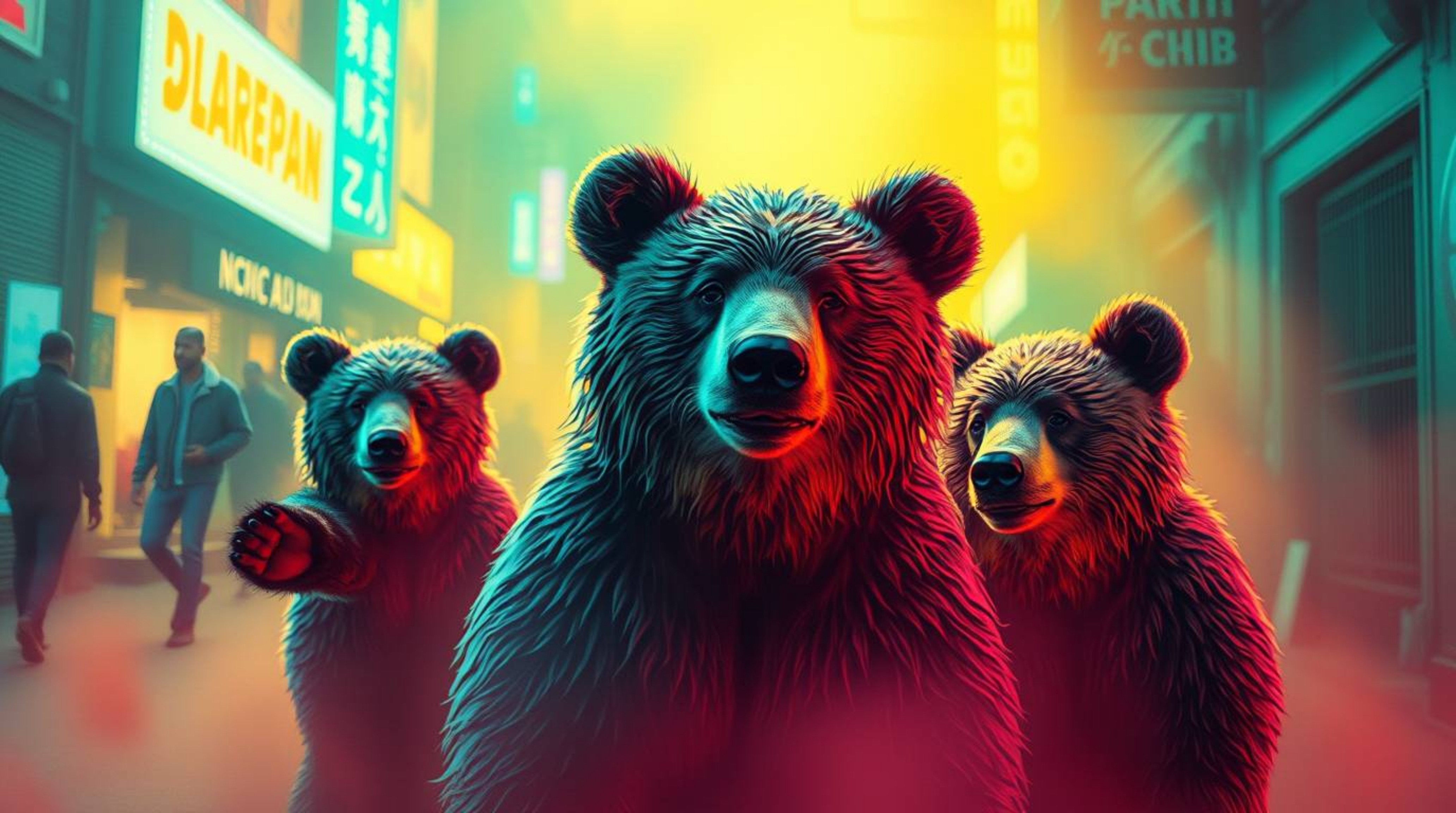Join a delightful bear family on a dreamy urban adventure, rendered in an electric and vivid color palette with soft lighting