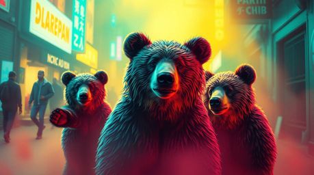 Join a delightful bear family on a dreamy urban adventure, rendered in an electric and vivid color palette with soft lighting