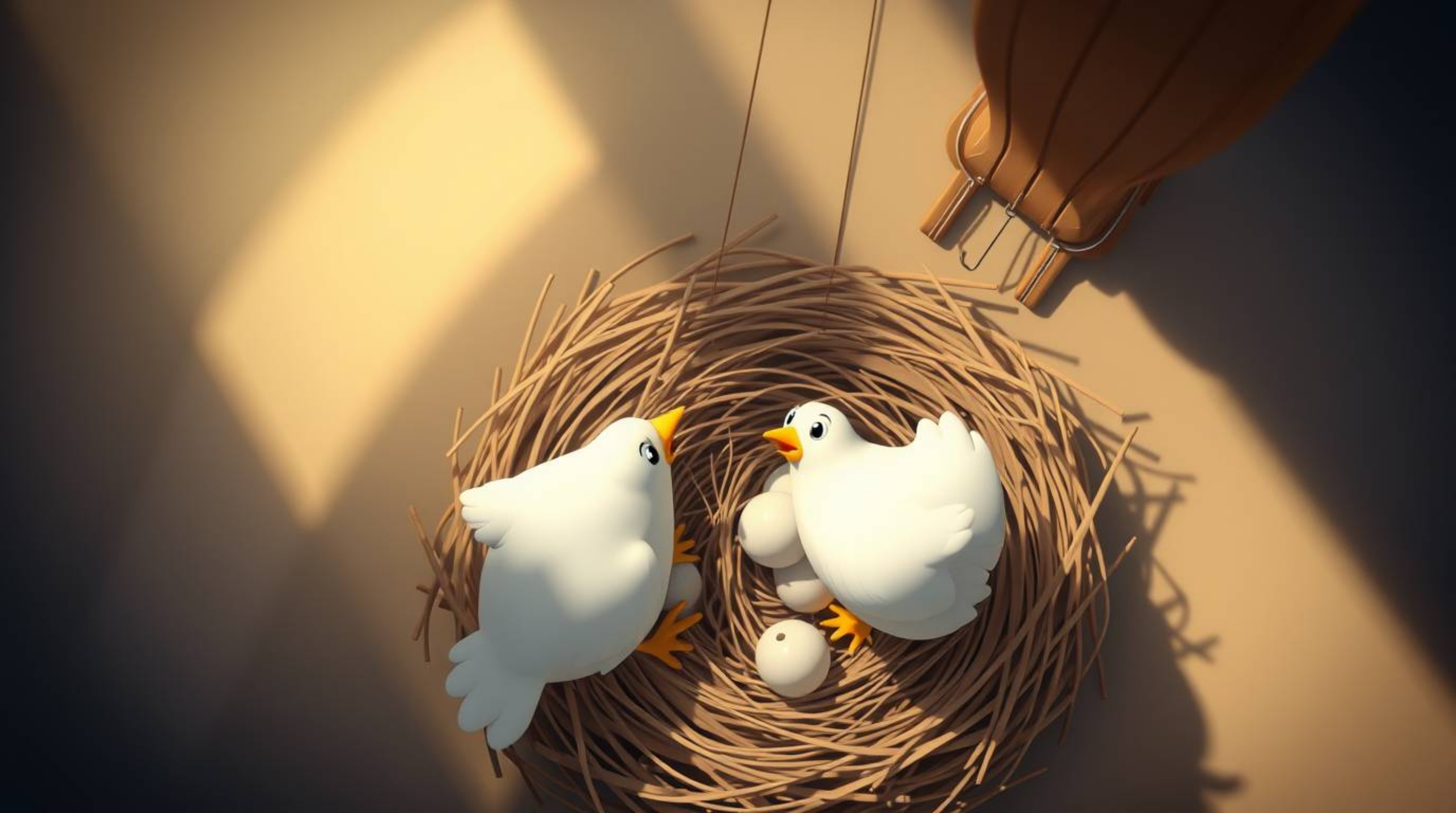 A charming animation depicting two cartoon birds meticulously constructing a nest from a gentle, overhead perspective. Rende