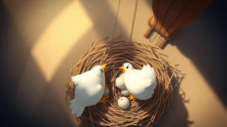 A charming animation depicting two cartoon birds meticulously constructing a nest from a gentle, overhead perspective.  Rende