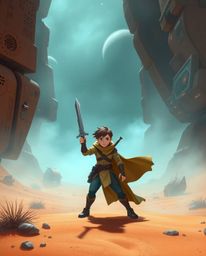 Embark on a thrilling desert adventure with a brave hero in a unique blend of Disney animation style and futuristic sci-fi.  
