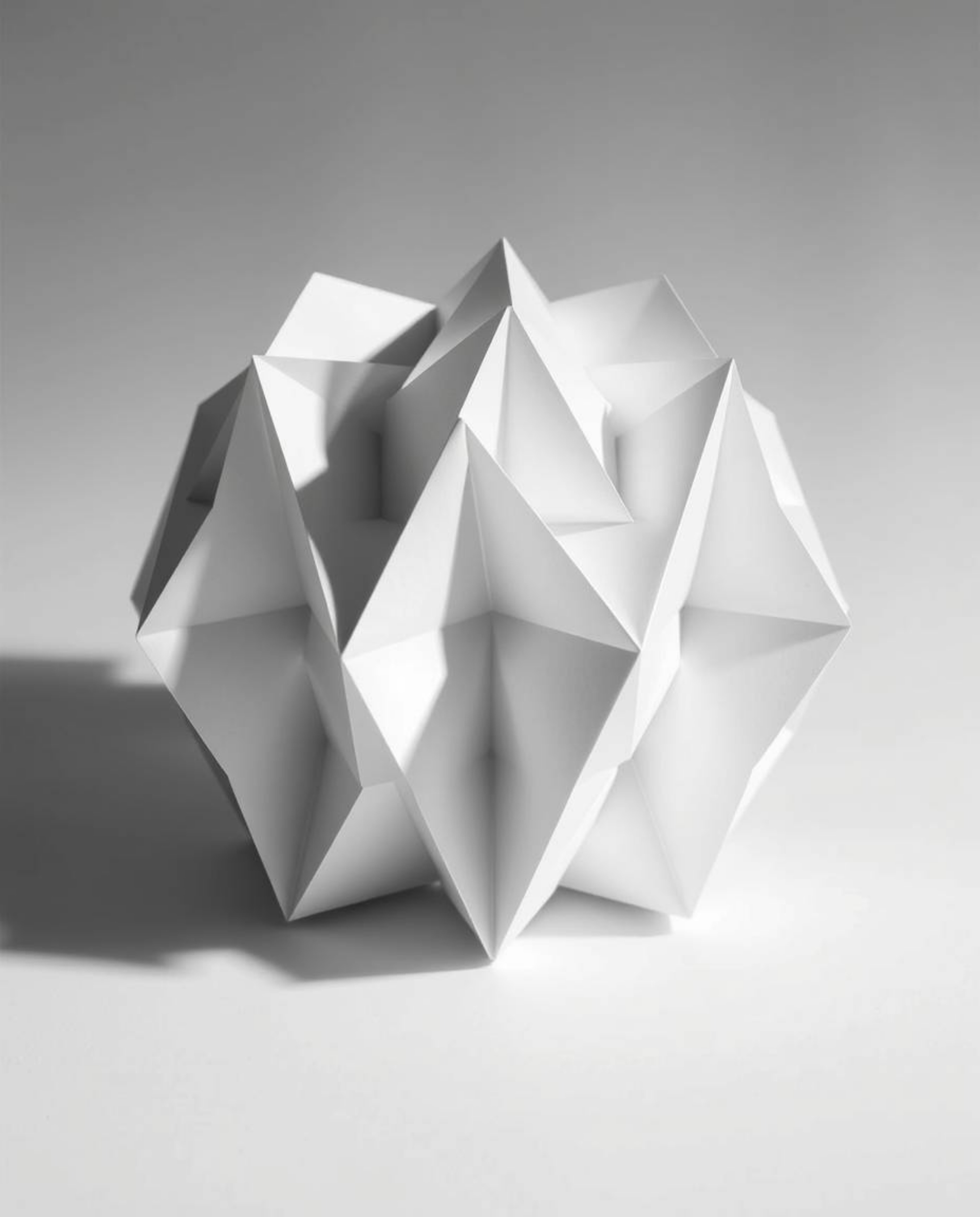 A striking monochrome fine art photograph showcases a 3D geometric pattern reminiscent of folded paper.  The image features c
