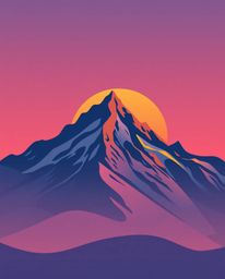 This artwork captures a high-alpine peak sunset through the lens of modern flat design. The scene is constructed with simple 
