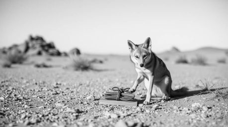 A classic black and white photograph capturing an adorable coyote setting up a ridiculous trap in the desert. This timeless a