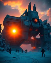 An epic modern future scene unfolds on a massive scale as snowflakes fall during a vibrant sunset. This powerful image is def