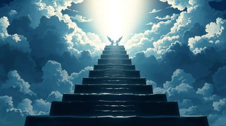 An Isekai anime-style illustration featuring light steps ascending into a cloudy sky, viewed through the lens of chiaroscuro 