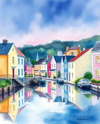 This artwork features a dreamy watercolor depiction of a sleepy town characterized by charming pastel-colored houses. Iridesc