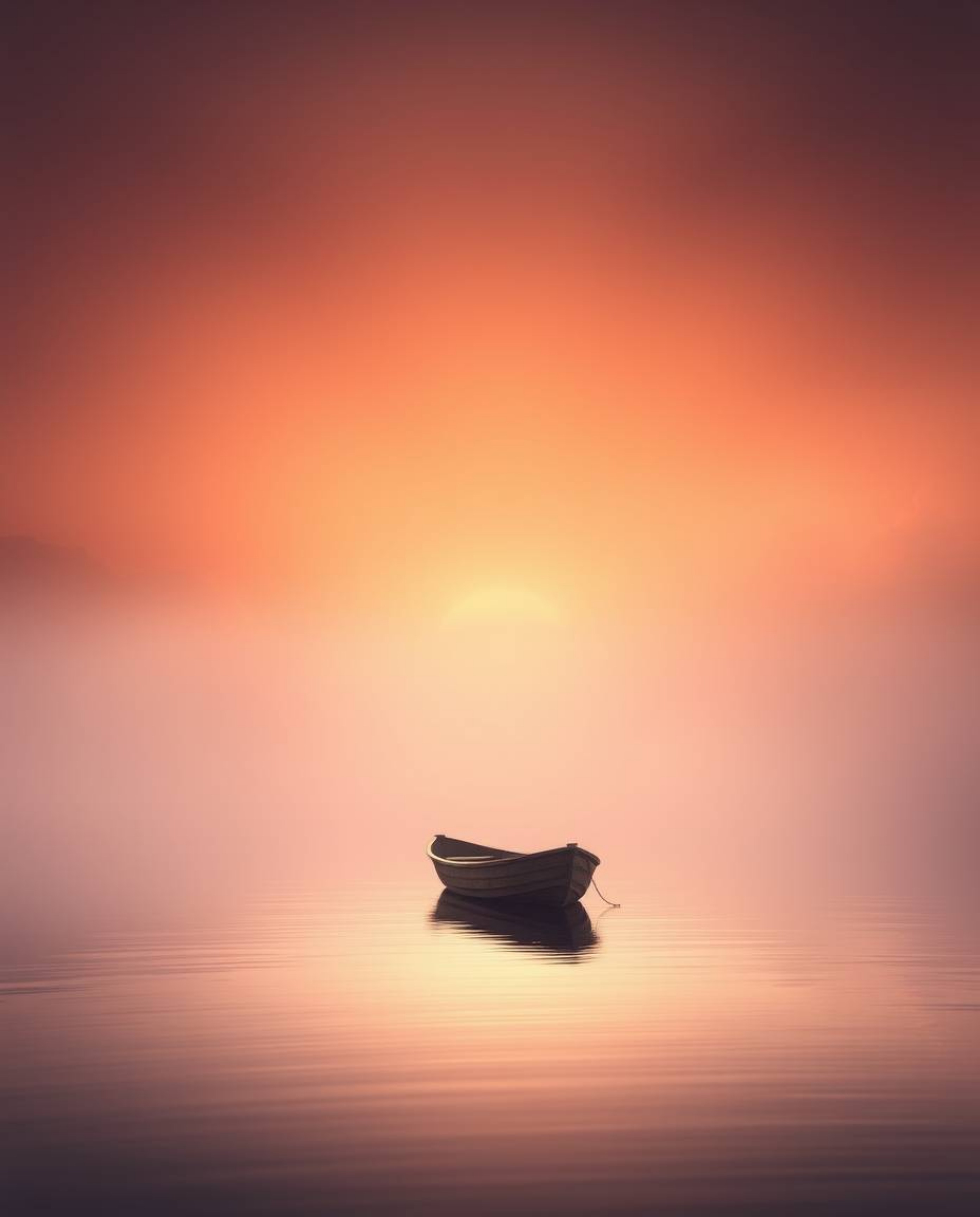 A boat drifts peacefully on a lake at sunset, enveloped in an ethereal spiritual vibe. Gentle soft light creates diffused sha