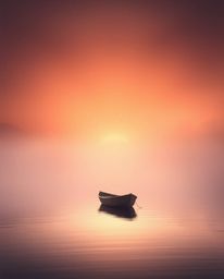 A boat drifts peacefully on a lake at sunset, enveloped in an ethereal spiritual vibe. Gentle soft light creates diffused sha