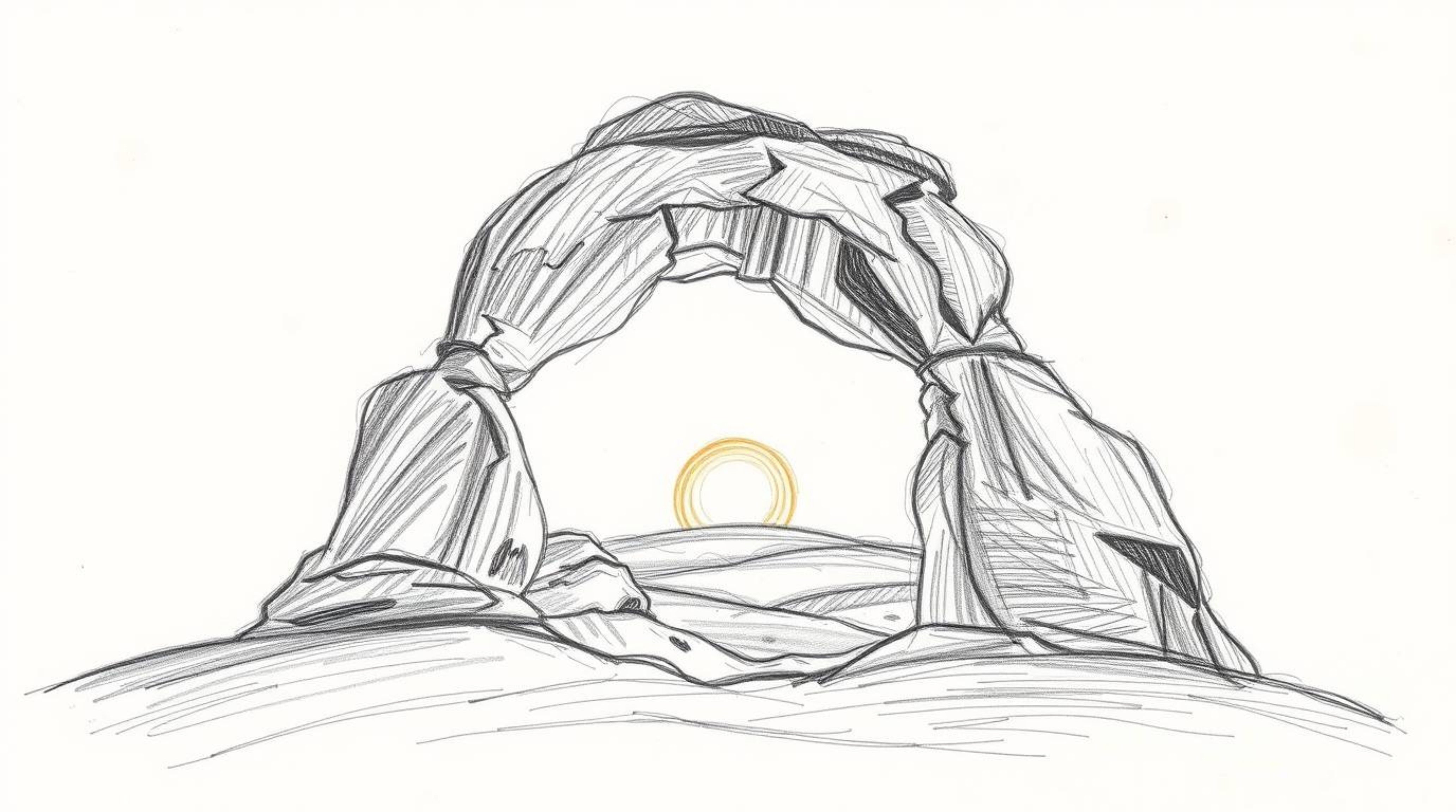 A dramatic, hand-drawn sketch depicting a low-angle perspective of a vibrant sunset seen through a natural rock arch in the d