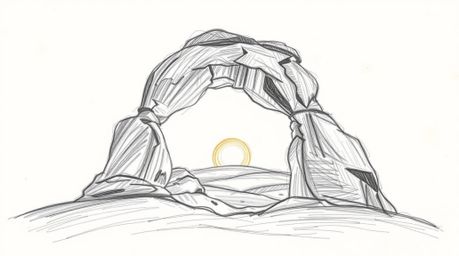 A dramatic, hand-drawn sketch depicting a low-angle perspective of a vibrant sunset seen through a natural rock arch in the d