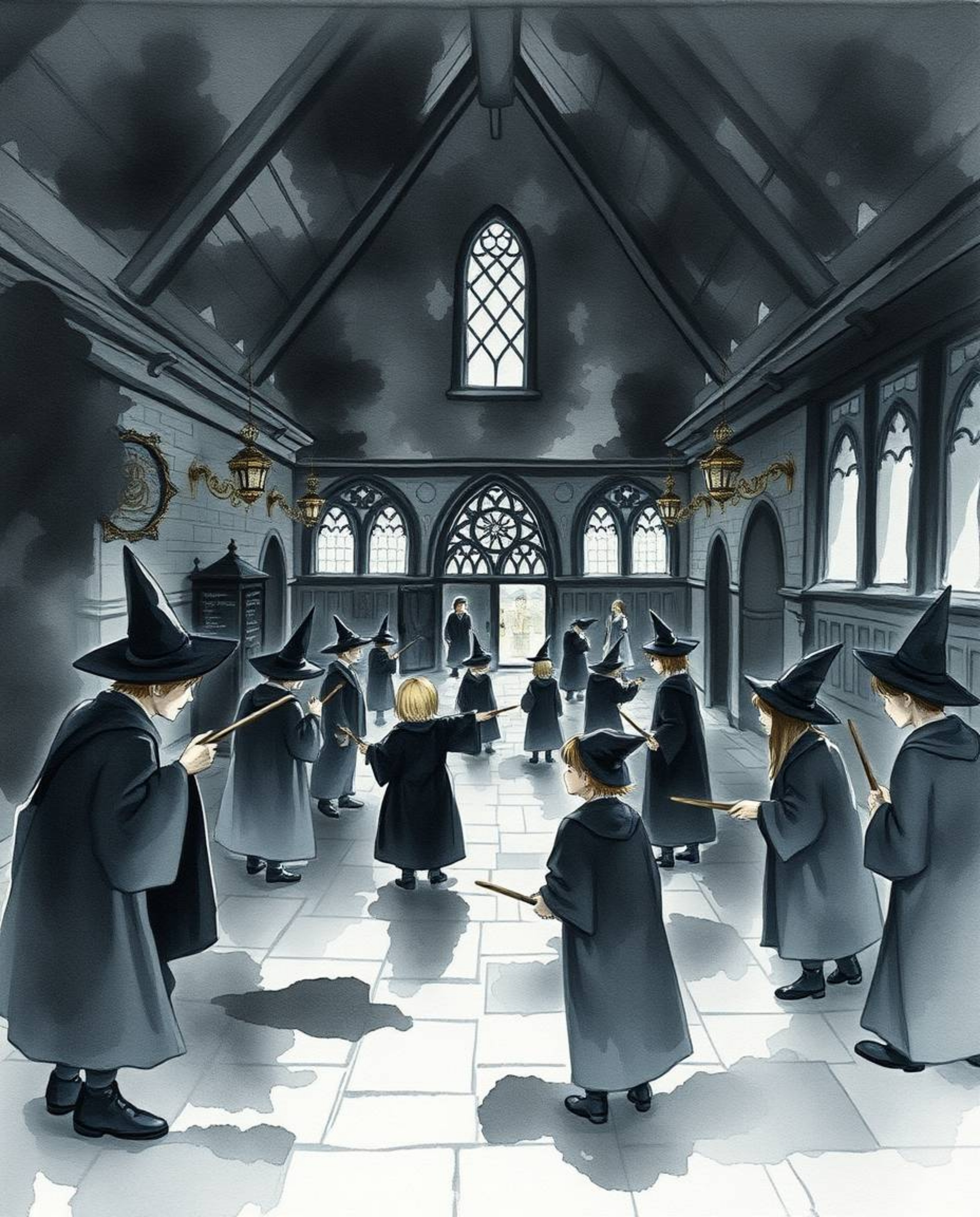 Explore a captivating watercolor painting depicting a magical school brimming with young wizards, rendered in striking jet bl