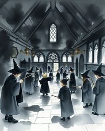 Explore a captivating watercolor painting depicting a magical school brimming with young wizards, rendered in striking jet bl