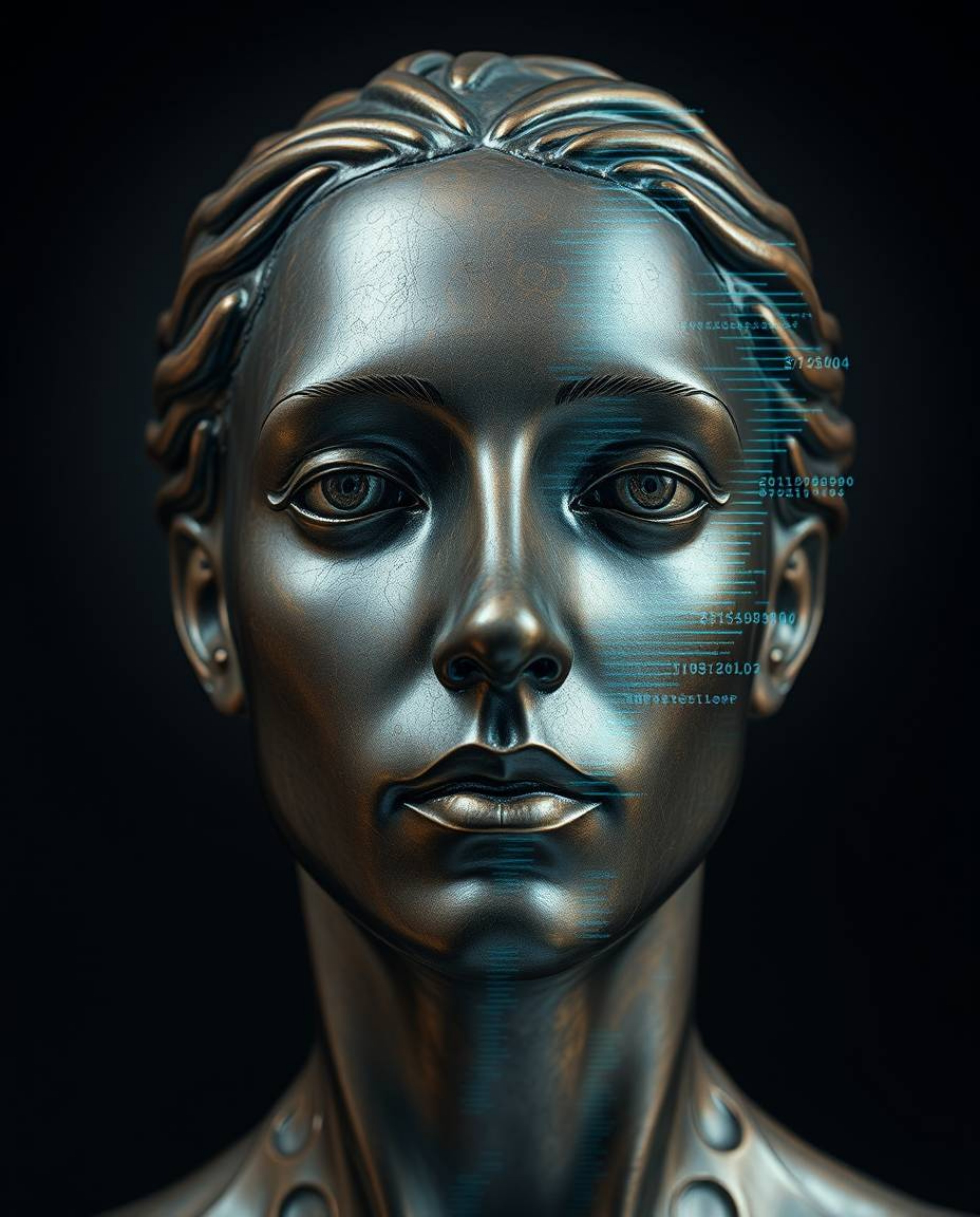 A captivating bronze sculpture depicts a human face transformed by a digital glitch into a flowing data stream.  The antique 