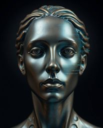 A captivating bronze sculpture depicts a human face transformed by a digital glitch into a flowing data stream.  The antique 