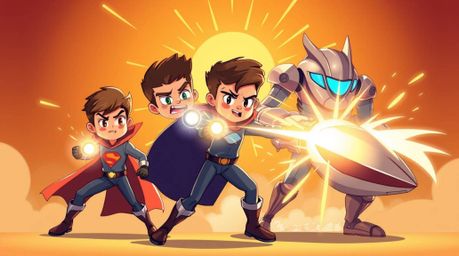 Witness an epic clash between three superpowered children and a sleek metallic robot! This vibrant, flat-design illustration 