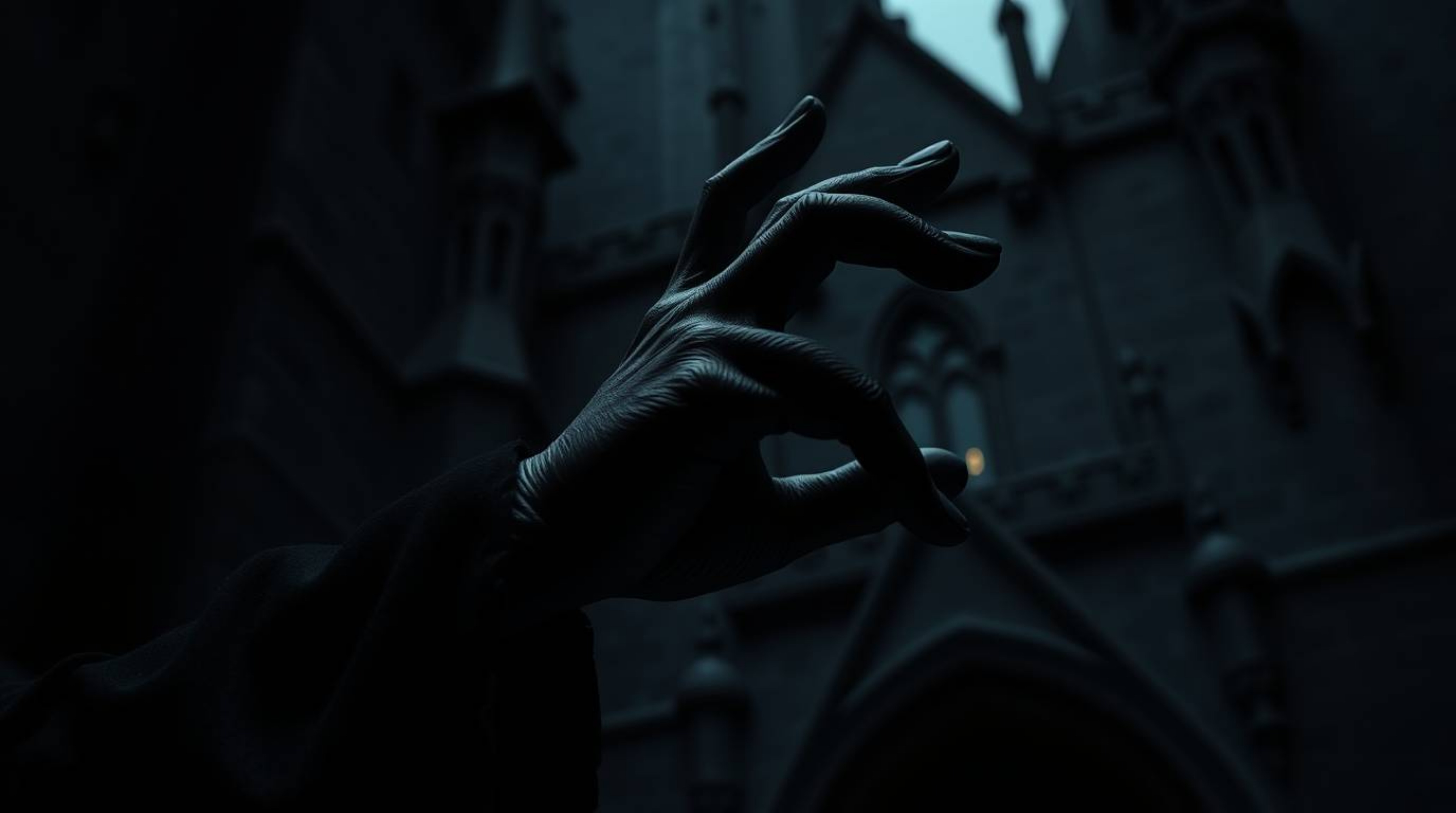 An intense, jet-black macro close-up reveals a classic Disney villain's hand casting a spell within an ancient castle.  The i