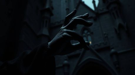 An intense, jet-black macro close-up reveals a classic Disney villain's hand casting a spell within an ancient castle.  The i
