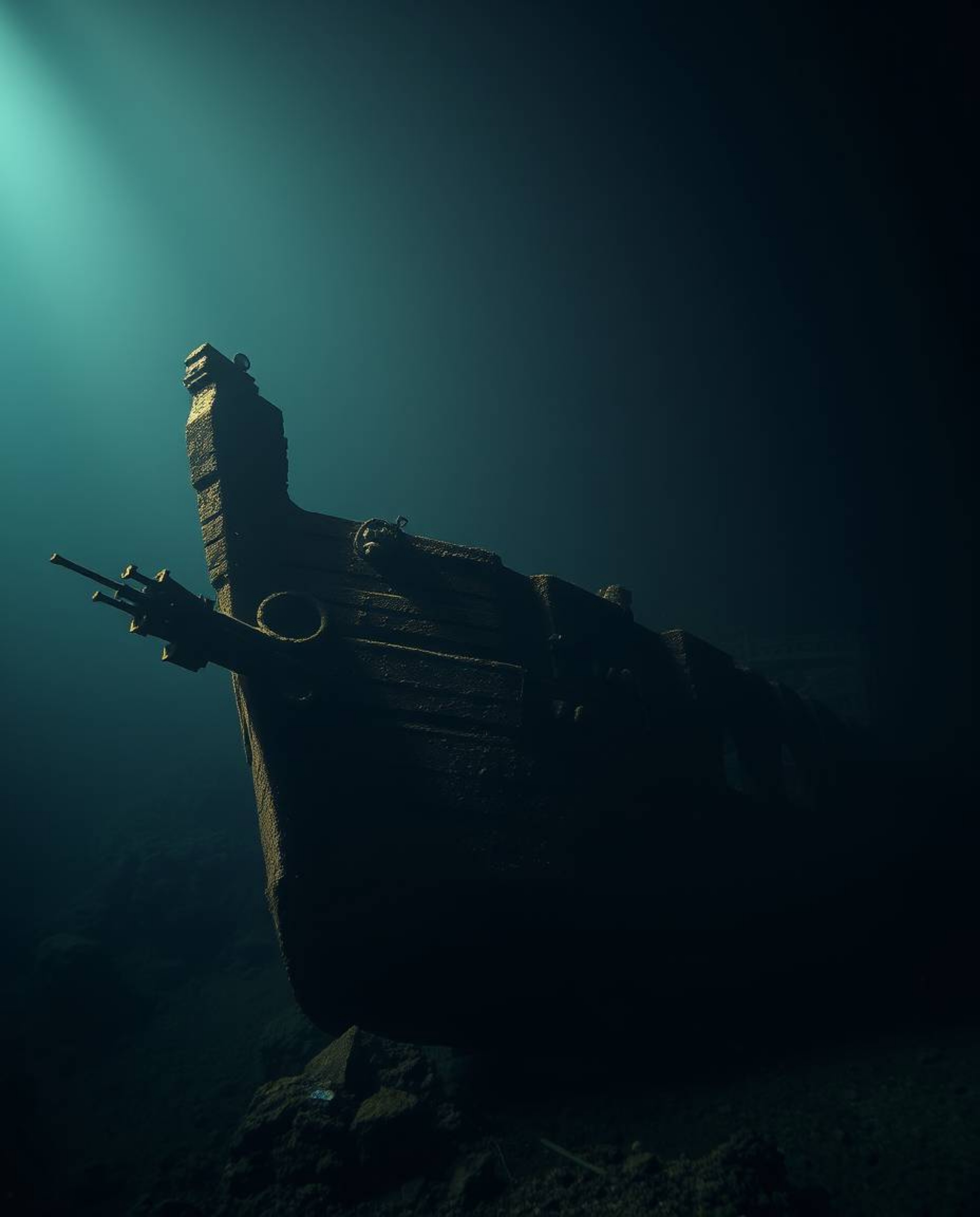 A stunning underwater shipwreck photograph showcases intense dramatic lighting with smooth gradient transitions, creating a c