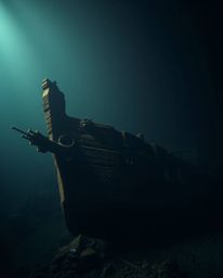 A stunning underwater shipwreck photograph showcases intense dramatic lighting with smooth gradient transitions, creating a c