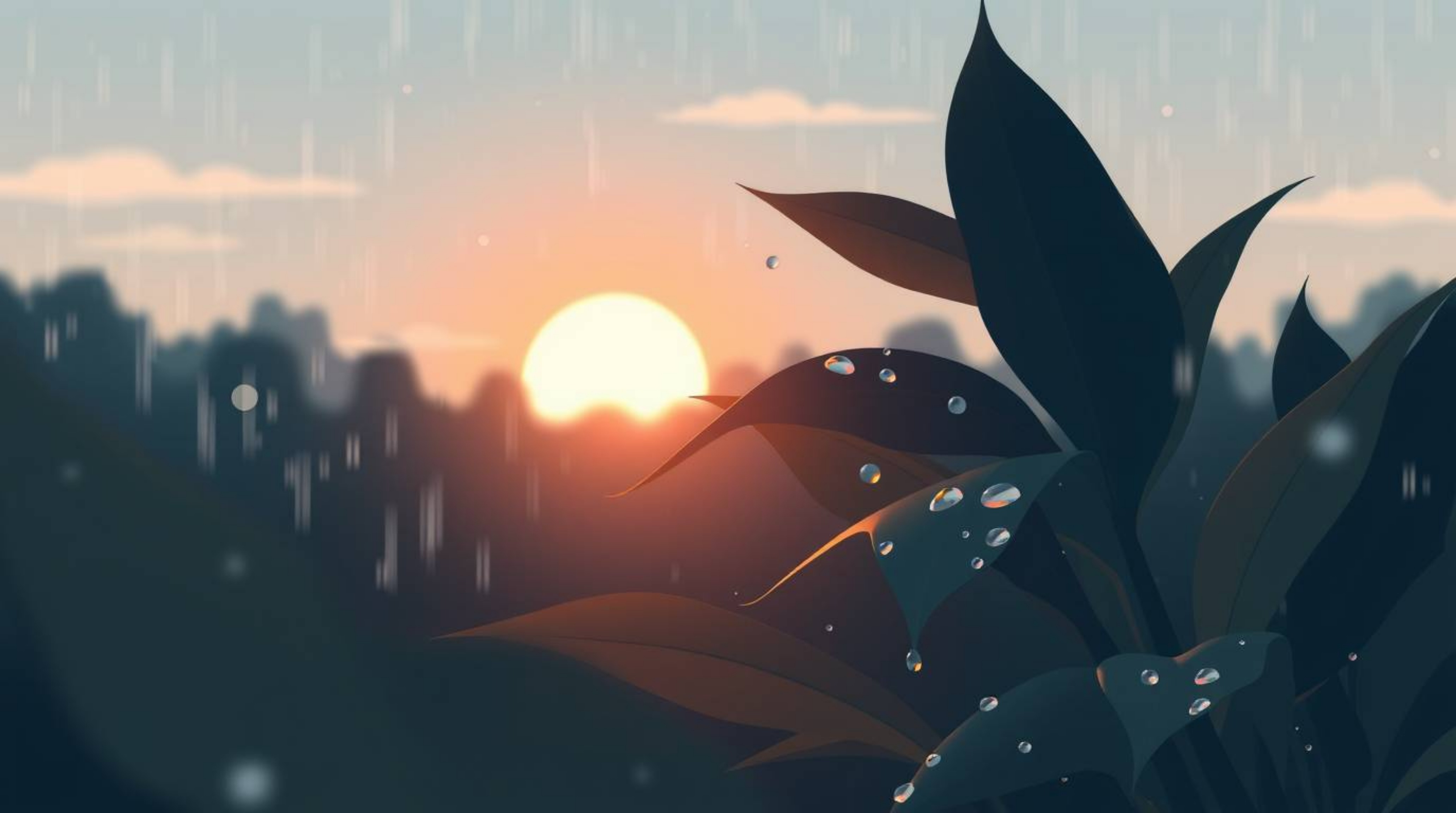 Experience the serene beauty of modern flat design, where a mesmerizing sunset reflects in delicate raindrops clinging to lea