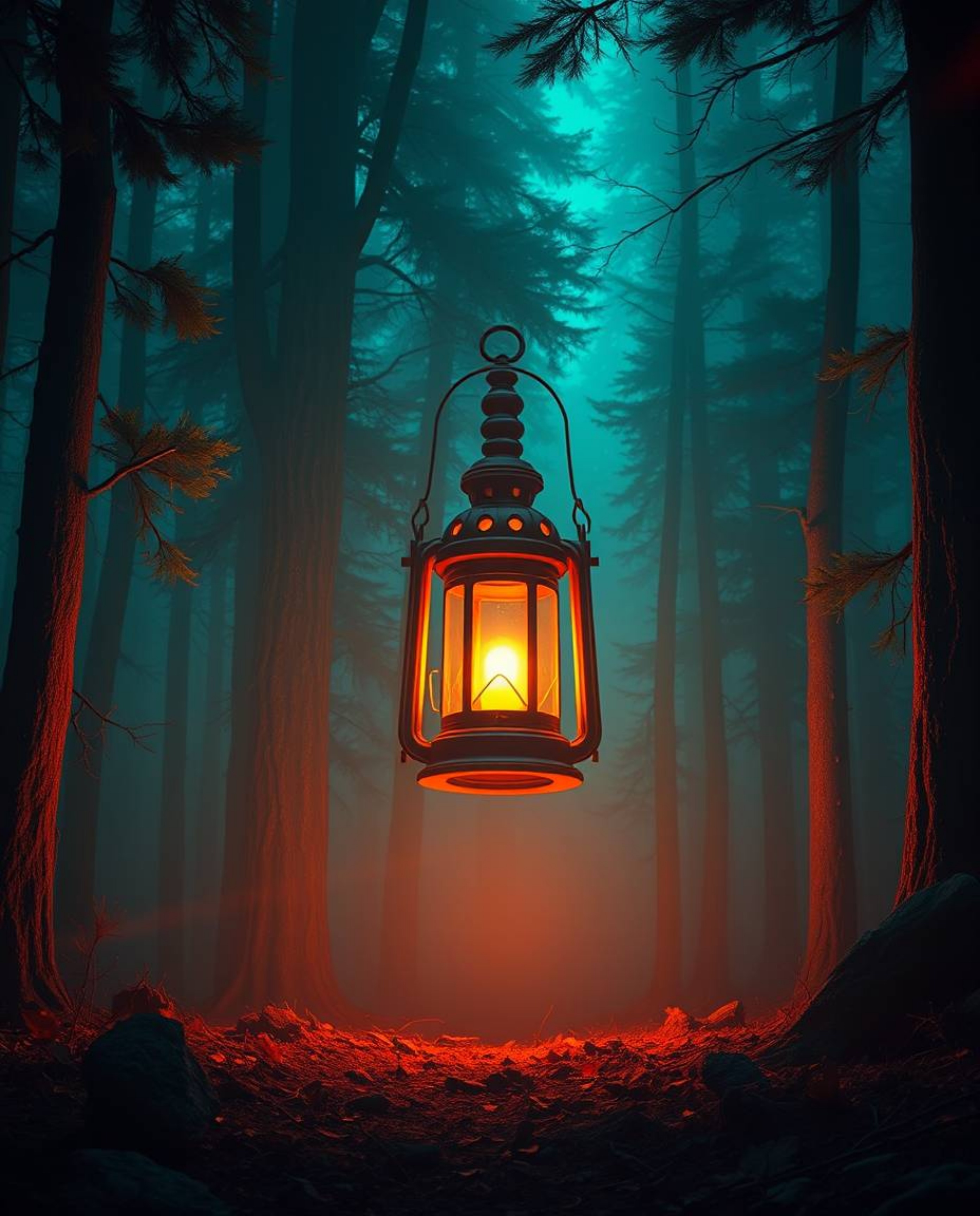 Discover breathtaking visuals of a glowing lantern in a dark forest, showcasing a stunning contrast of warm terracotta and co