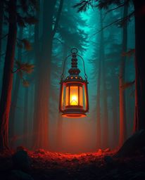 Discover breathtaking visuals of a glowing lantern in a dark forest, showcasing a stunning contrast of warm terracotta and co