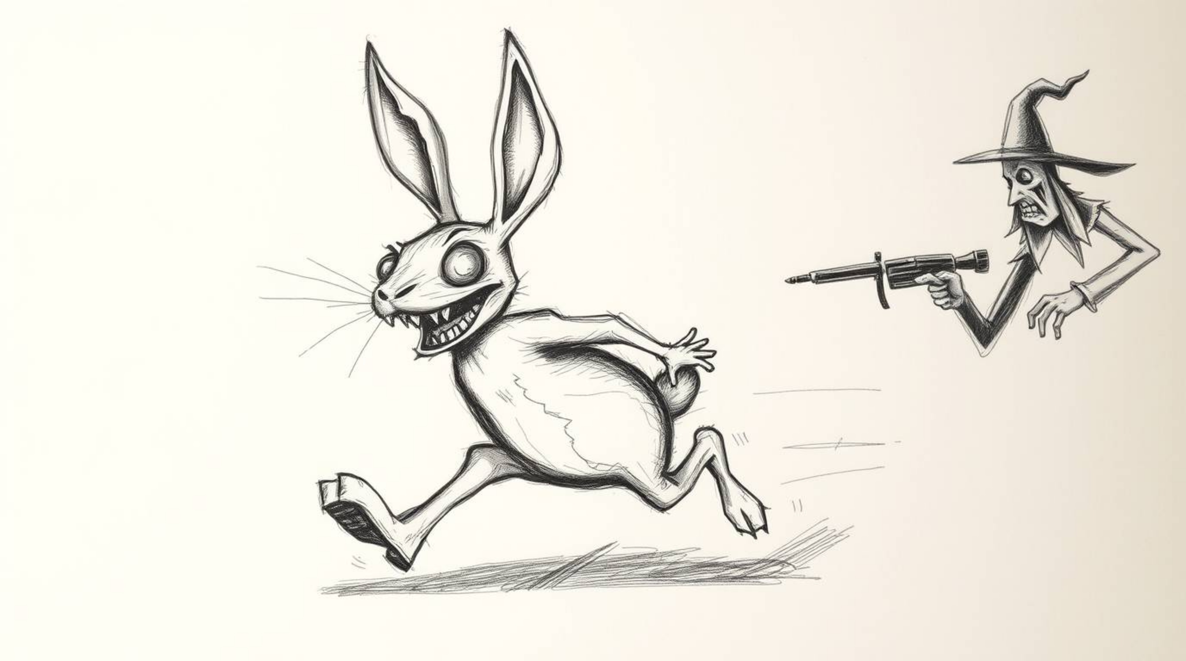 A hand-drawn sketch depicts a wacky rabbit with exaggerated features desperately outrunning a menacing hunter. The artwork ut