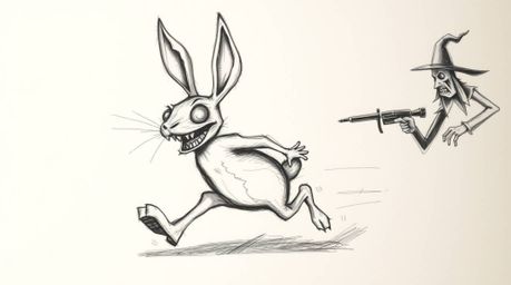 A hand-drawn sketch depicts a wacky rabbit with exaggerated features desperately outrunning a menacing hunter. The artwork ut