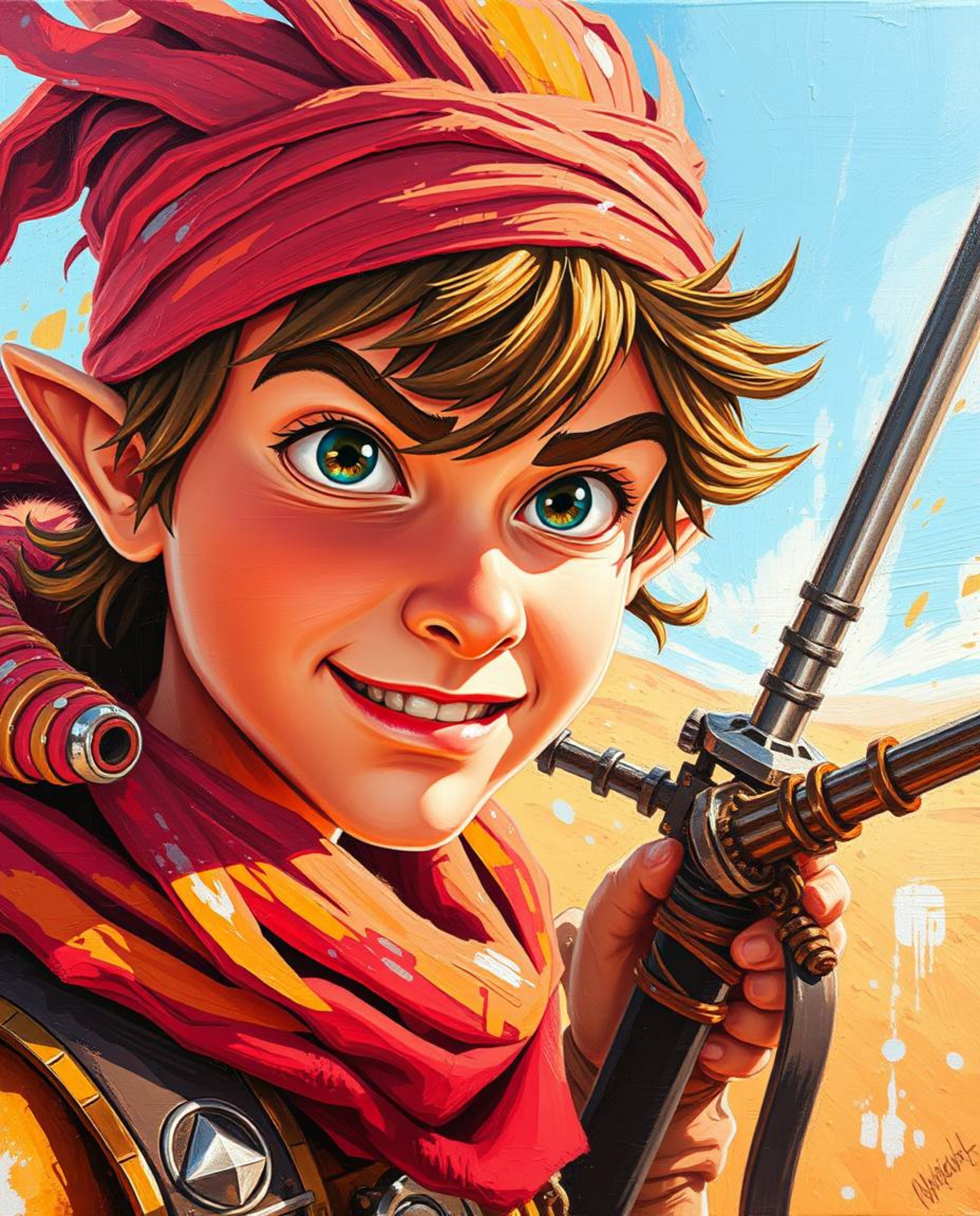 Experience a bold and vibrant acrylic painting depicting a brave hero in a Disney-style desert adventure. This extreme macro 