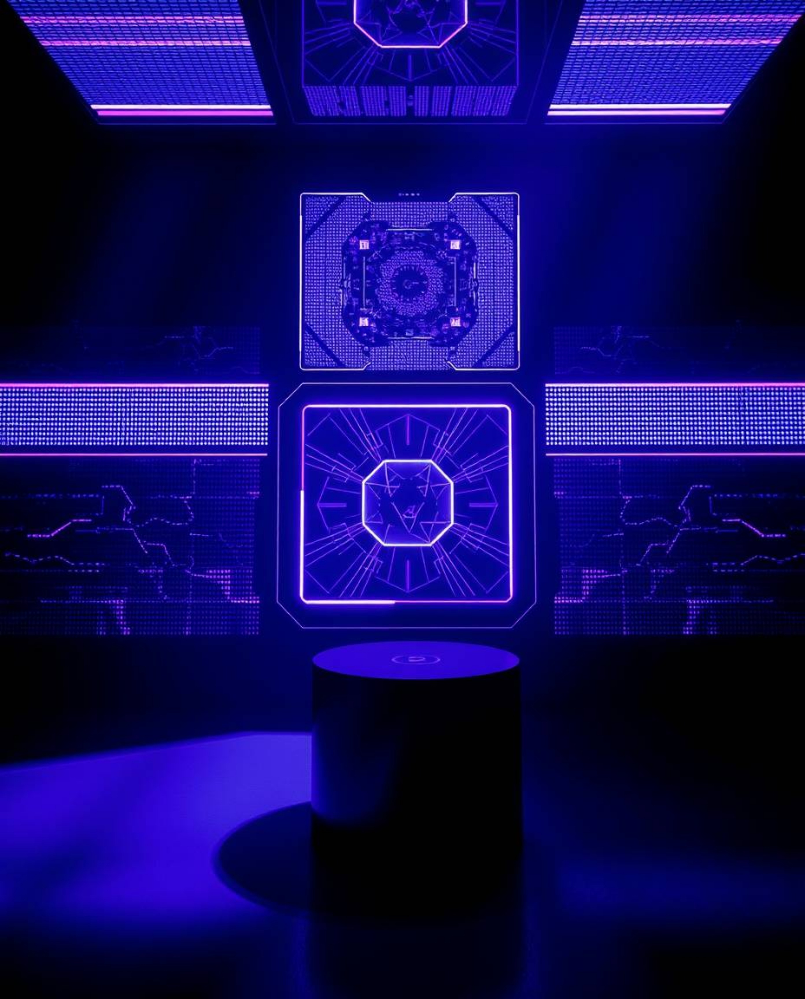 Explore a striking image featuring contrasting chiaroscuro lighting in deep ultraviolet hues. This futuristic digital interfa