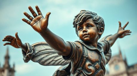 A captivating bronze sculpture close-up showcases a young boy with refined features, seemingly suspended in mid-air by pixie 