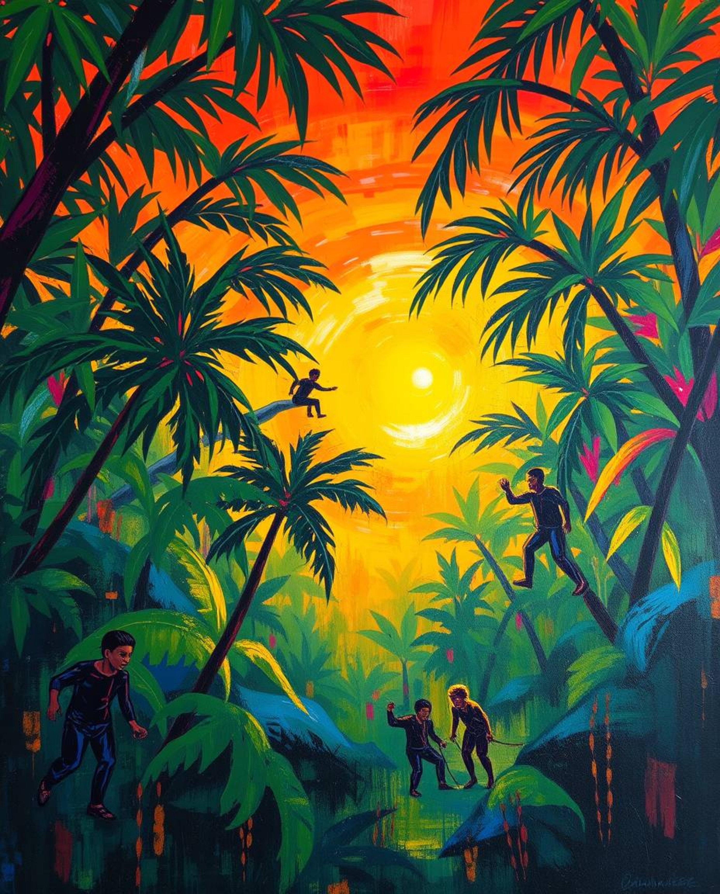 A dynamic acrylic painting depicts a sunset filtering through a dense jungle canopy. The artwork is characterized by vibrant 