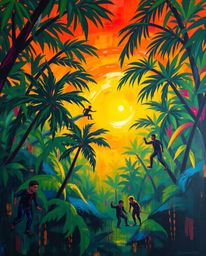 A dynamic acrylic painting depicts a sunset filtering through a dense jungle canopy. The artwork is characterized by vibrant 