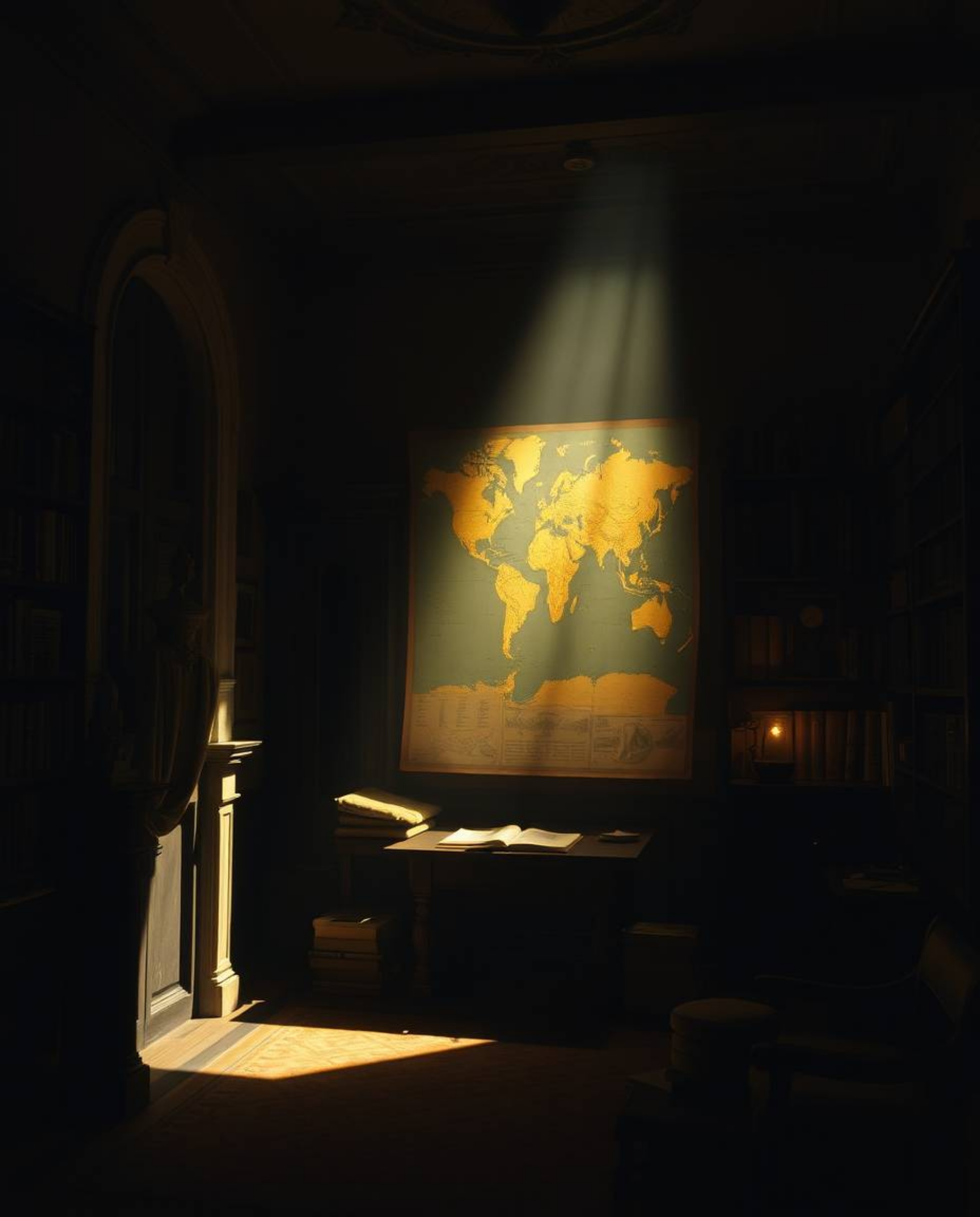 Experience the captivating allure of chiaroscuro lighting interwoven with an ethereal spiritual vibe. A glowing map projectio