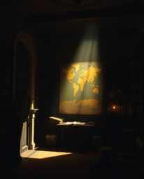 Experience the captivating allure of chiaroscuro lighting interwoven with an ethereal spiritual vibe. A glowing map projectio