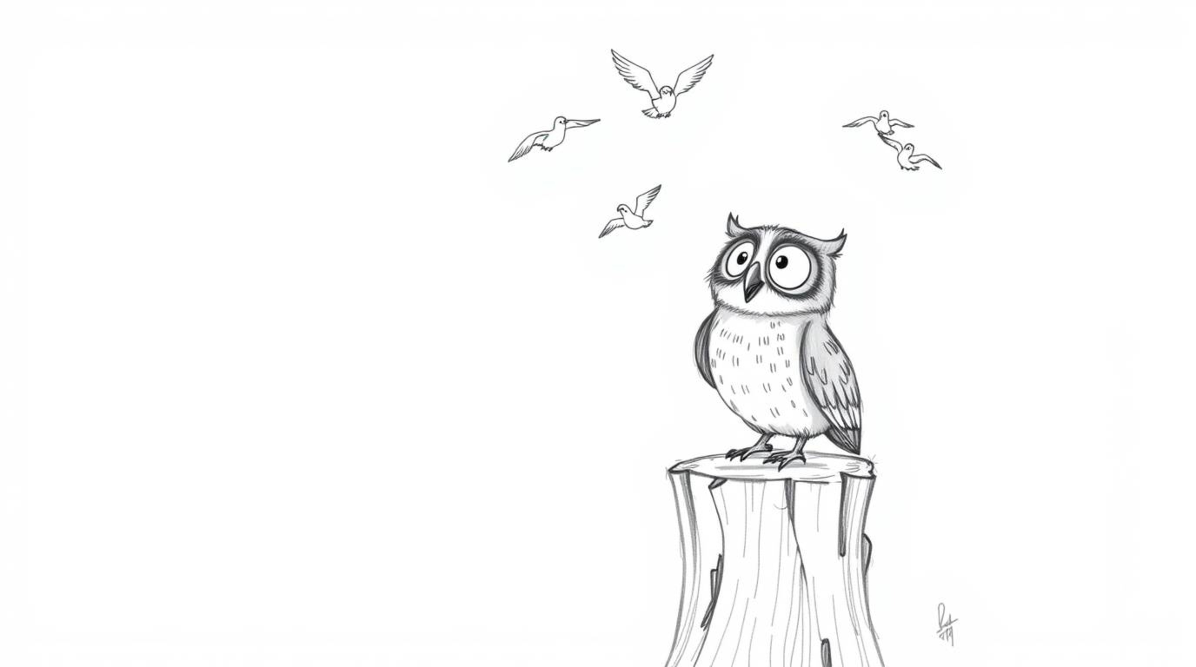 A heartwarming hand-drawn sketch in the style of Pixar depicts a blind owl, radiating joy, perched on a tree stump and cheeri
