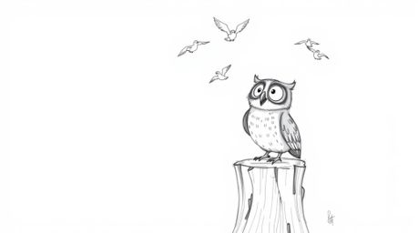 A heartwarming hand-drawn sketch in the style of Pixar depicts a blind owl, radiating joy, perched on a tree stump and cheeri