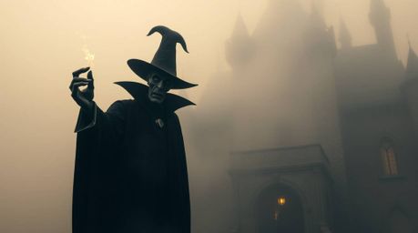 A captivating fine art photograph depicting a classic Disney villain casting a spell within an ancient castle shrouded in thi