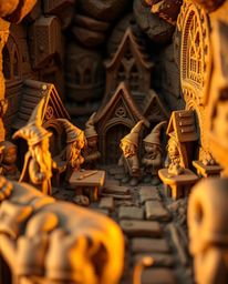 A captivating close-up reveals a detailed clay sculpture depicting a magical school brimming with young wizards.  Bathed in t