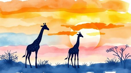Experience the adorable and charming aesthetic of a delicate watercolor painting depicting a breathtaking sunset at the savan